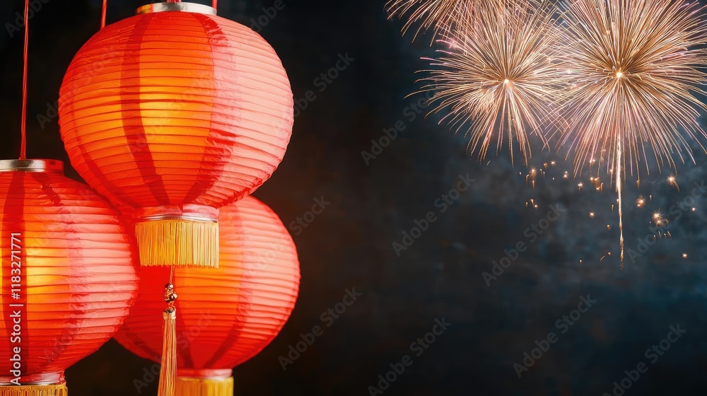 Poster chinese new year prosperity concept. vibrant red lanterns accompanied by colorful fireworks create a