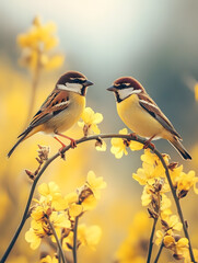 Fototapeta premium The image shows two Parus majors perched on branches amidst white flowers.