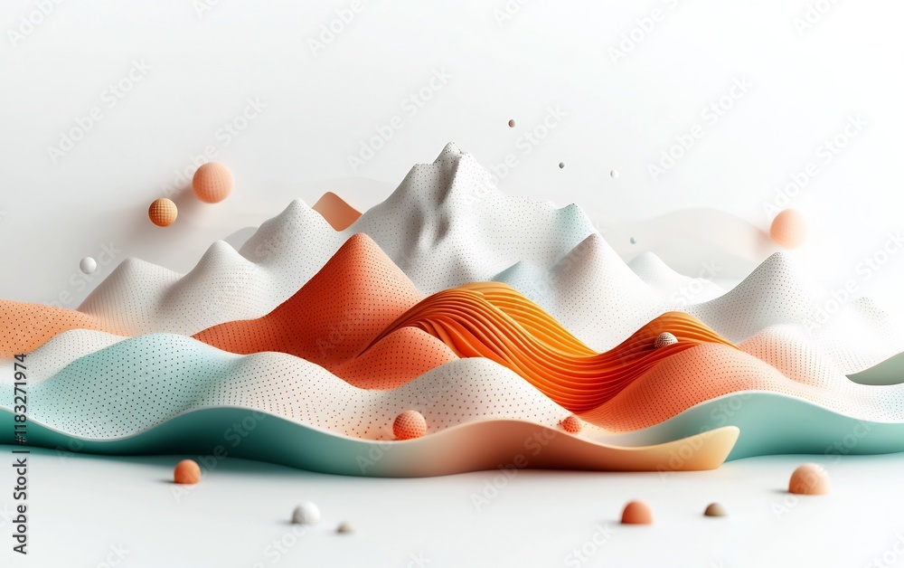 Poster pastel hued abstract mountains with striking wave pattern of dots and lines cascading across the sur