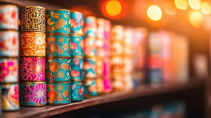 Chinese new year shopping idea. Colorful decorative boxes arranged on a shelf, illuminated by soft glowing lights.