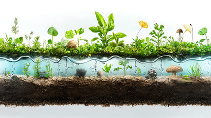 vibrant cross section of plant ecosystem showcasing diverse flora, soil, and water elements, illustrating nature beauty and complexity