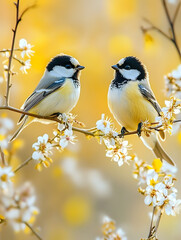 The image shows two Parus majors perched on branches amidst white flowers.