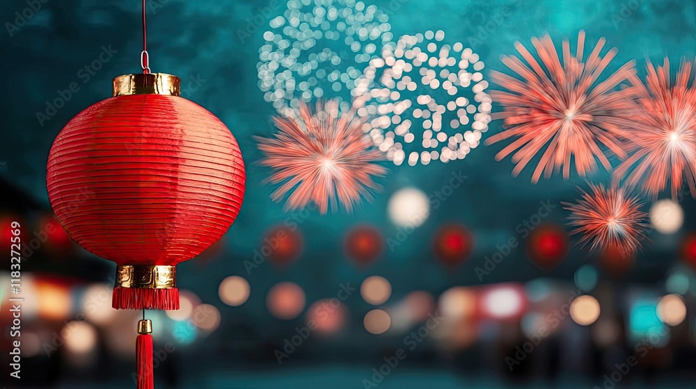 Poster chinese new year shopping idea. a vibrant red lantern shines against a backdrop of colorful firework