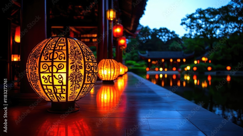 Aufkleber Chinese new year lighting idea. Illuminated lanterns reflecting on water create a serene and tranquil atmosphere.