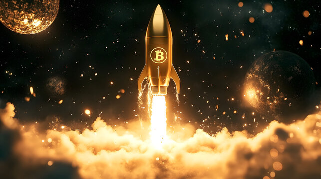 A golden rocket with the Bitcoin logo is taking off into space.