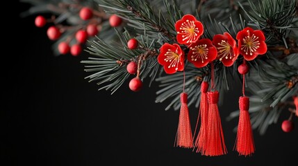 Chinese New Year tassels and red camellia flowers in black background photo for copy space greeting card, advertisement, campaign.