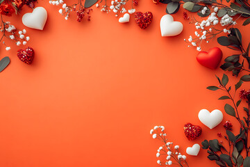 The image depicts an orange background adorned with white flowers, green leaves, and colorful hearts.valentine's day background.