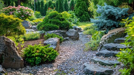 Serene Garden Pathway Surrounded by Lush Greenery and Vibrant Flowers in a Peaceful Landscape Ideal for Relaxation and Nature Appreciation