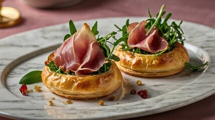 Festive Puff Pastry Appetizers with Pear, Jamon, and Arugula