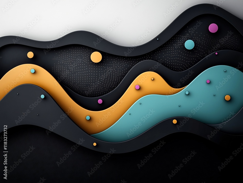 Poster mesmerizing minimalist abstract landscape with wavy pastel colored dots and lines forming a dynamic 