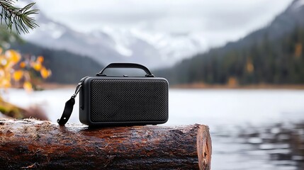 Portable speaker on log by lake, mountains background.