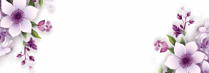 Watercolor. 3D flowers, white and lilac on a white isolated background. Banner. Generated AI