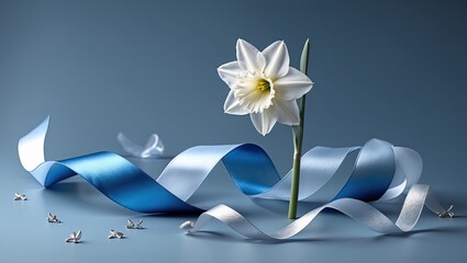 Blooming white daffodil and blue ribbon in world cancer day theme 