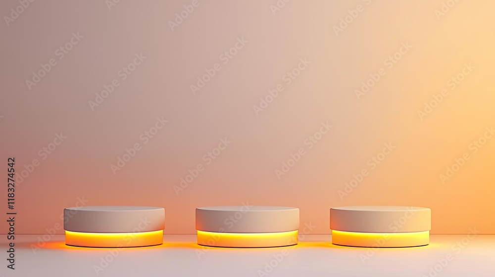 Poster minimal furniture idea. three modern circular platform designs with soft orange illumination.