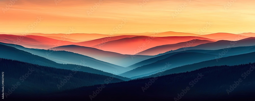 Aufkleber Scenery abstract background idea. Stunning mountain landscape at sunset with colorful sky and rolling hills in the distance.