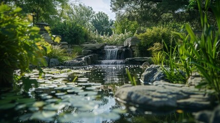 Obraz premium Serene Natural Landscape with Tranquil Waterfall and Lush Greenery, Capturing the Beauty of a Peaceful Garden Oasis Surrounded by Still Waters and Vibrant Flora