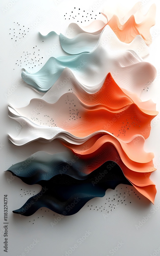 Poster pastel hued mountains with a striking wave pattern of dots and lines cascading across the surface ab