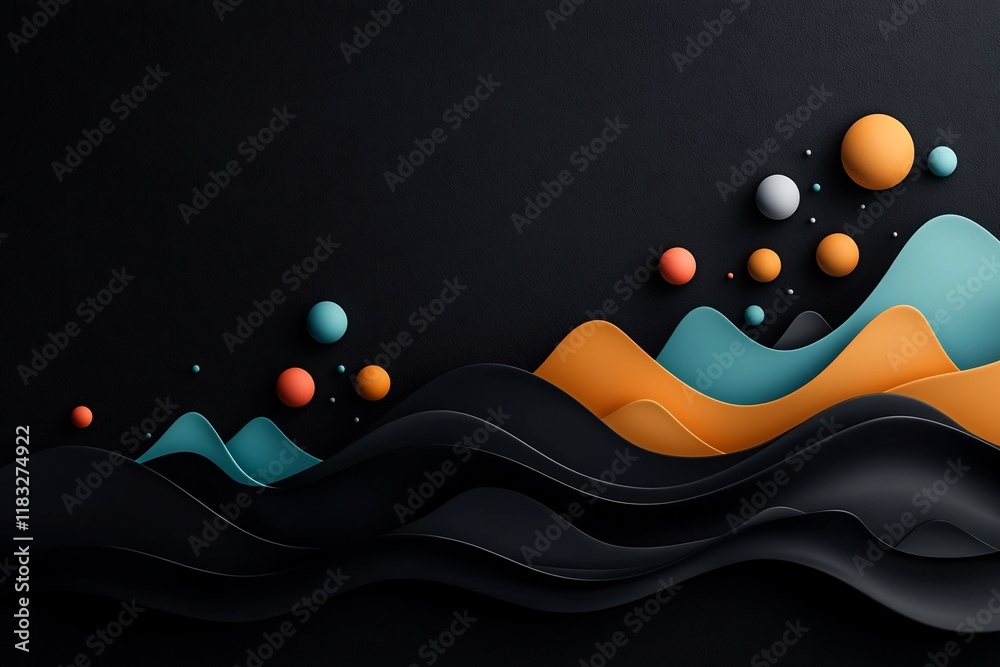Poster atmospheric abstract minimalist landscape composition with undulating wave patterned mountains and p