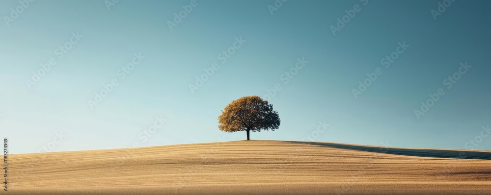 Poster scenery abstract background idea. a solitary tree stands against a serene desert landscape under a c