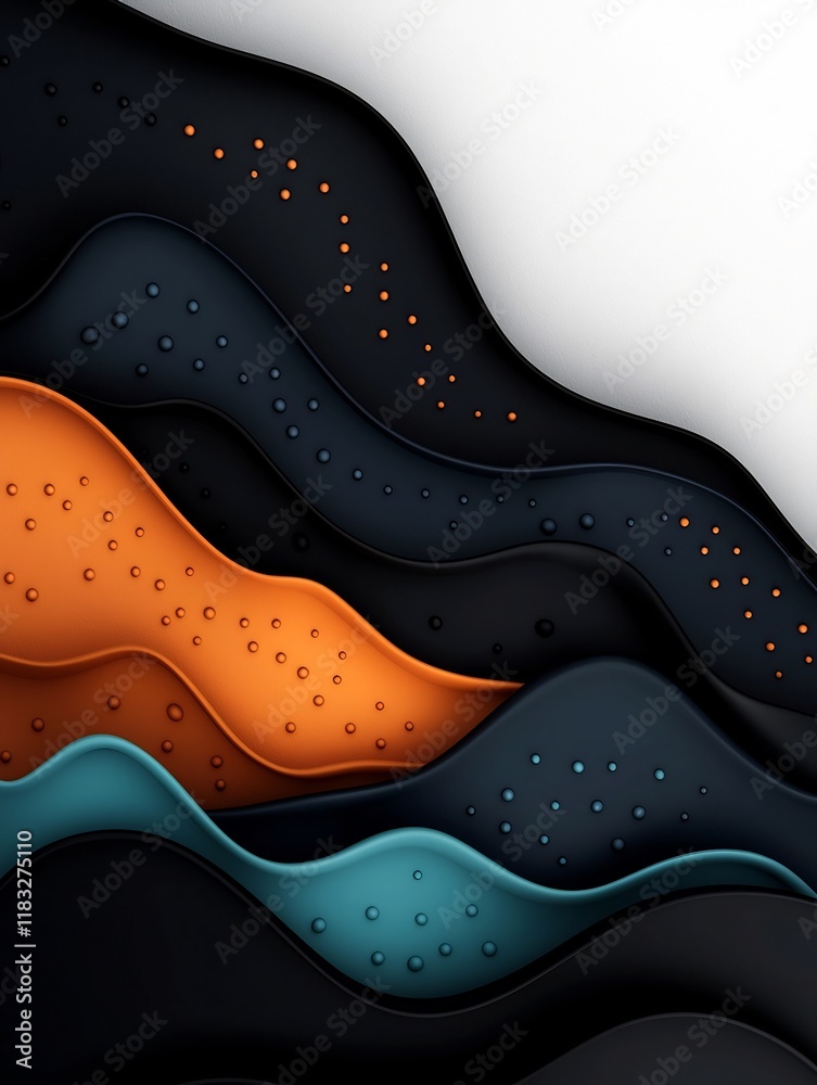 Poster moody abstract dark environment with pastel colored dots and undulating lines evoking a wave like mo
