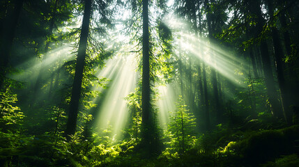 Obraz premium lush forest scene with misty atmosphere and sunlight filtering through trees, creating serene and tranquil environment