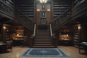 Grand library interior with double staircase, bookshelves, and antique furniture. © Salman