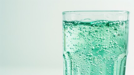 Close-up of a glass of water with a faint greenish tint, symbolizing arsenic contamination, on a plain white background with copy space. Environmental pollution and toxic substance danger concept.