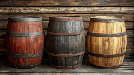Traditional wooden barrels stacked in a wine cellar, warm lighting 