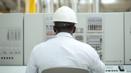 Industrial Control Room: A lone engineer in a white hardhat sits attentively at a control panel in a modern industrial setting. The image conveys a sense of focus, precision.