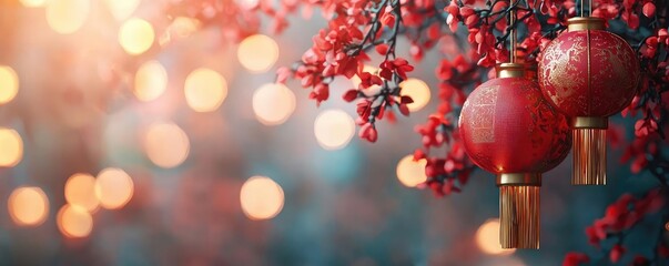 Chinese new year fortune concept. Beautiful red lanterns hang amidst vibrant branches and soft bokeh lights.