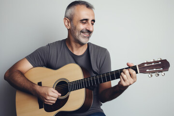 Naklejka premium Happy mature man guitar musician portrait.