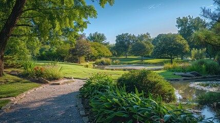 Obraz premium Serene Landscape in a Tranquil Park with Lush Greenery, Calm Waters, and Inviting Pathways Amidst Nature’s Beauty at Dawn or Dusk