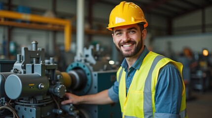 Cheerful Industrial Worker Operating Machine in Safety Gear at Workplace