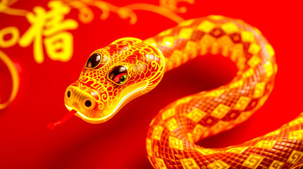 Fototapeta premium A radiant golden snake against a red background with intricate Chinese calligraphy celebrating Lunar New Year