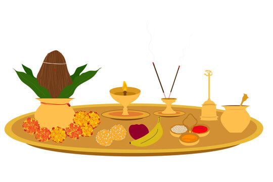 Indian Festival Aarti Thali, Puja Thali, diya kumkum agarbatti, Kalash Puja Samagri Vector Illustration