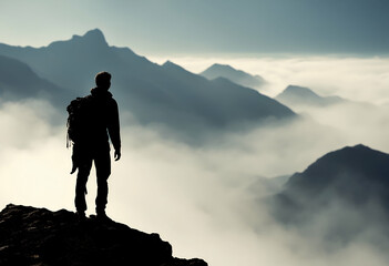 sillhouette mountain tourist active adventure altitude blue cliff climb climber climbing energy extreme glow hike hiker hiking landscape man