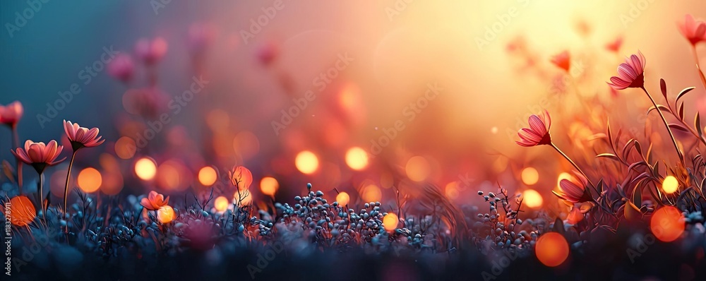 Poster Scenery abstract background idea. A beautiful field of colorful flowers illuminated by soft sunlight and bokeh effects.
