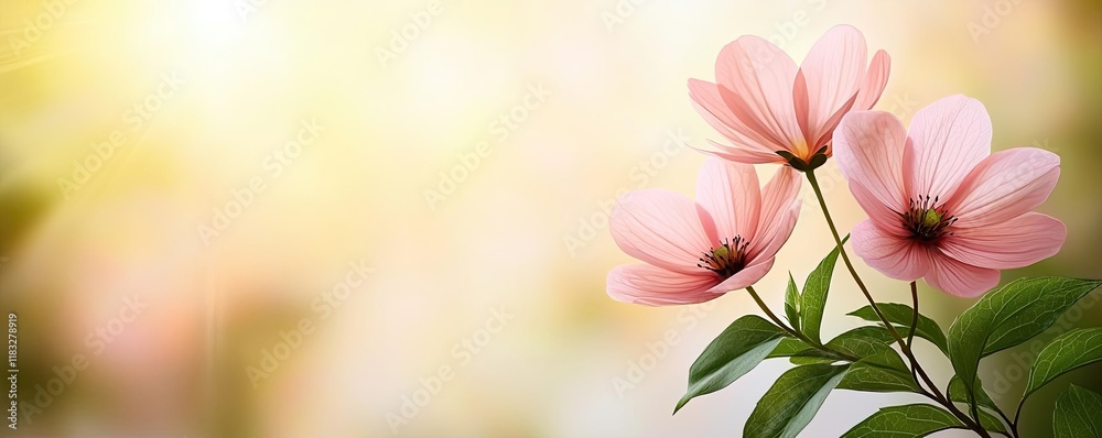 Poster Scenery abstract background idea. Delicate pink flowers in soft sunlight creating a serene atmosphere.