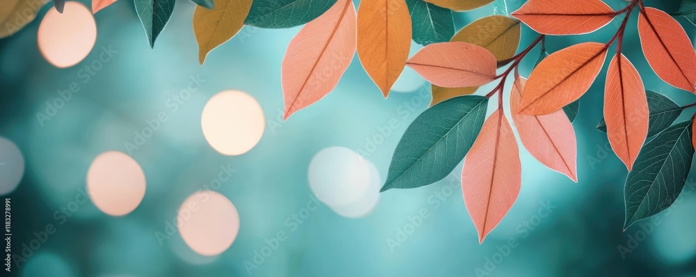 Poster scenery abstract background idea. colorful leaves in autumn against a dreamy blurred background of l
