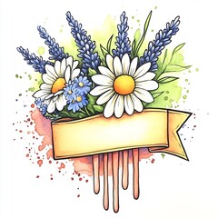 Vibrant Hand-Drawn Floral Illustration: Daisies and Lavender Bouquet with Blank Banner. AI Generated