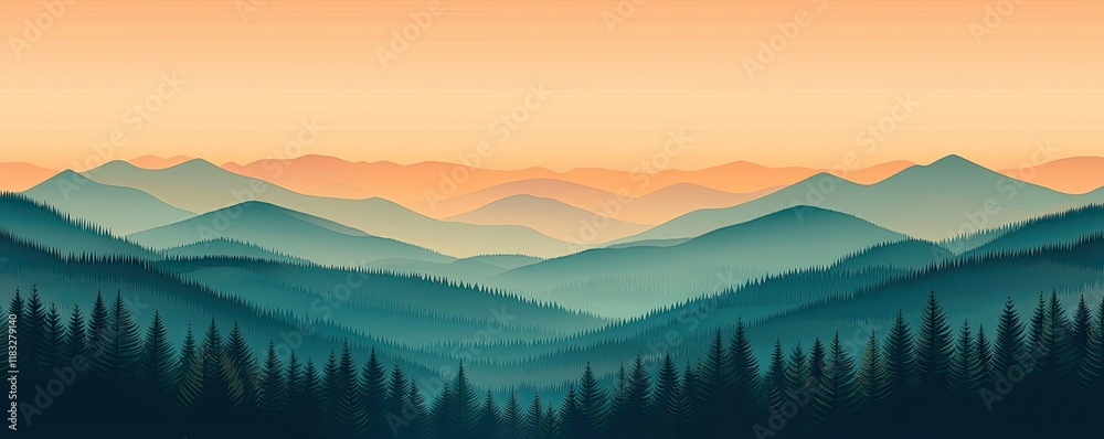 Poster scenery abstract background idea. breathtaking mountain landscape at sunset with layered hills and t