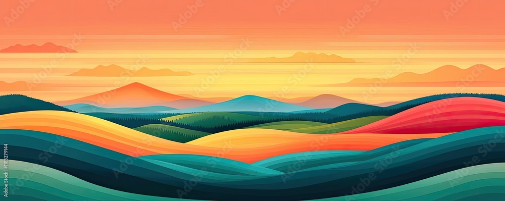 Poster scenery abstract background idea. vibrant abstract landscape with rolling hills and a colorful sunse