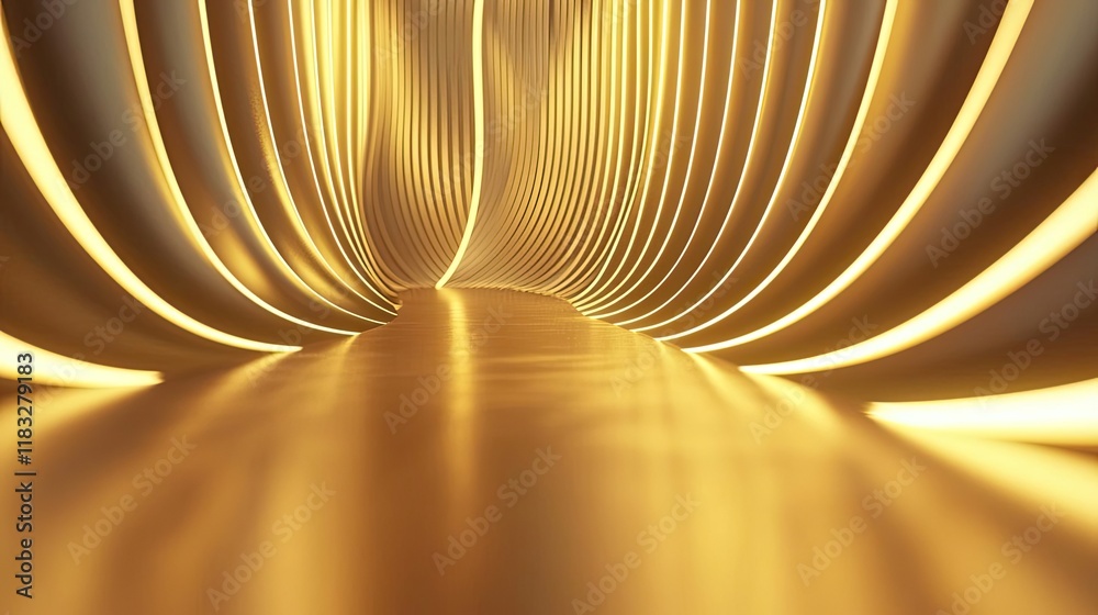 Poster Gold abstract background concept. A mesmerizing tunnel of golden light reflecting on a smooth surface.