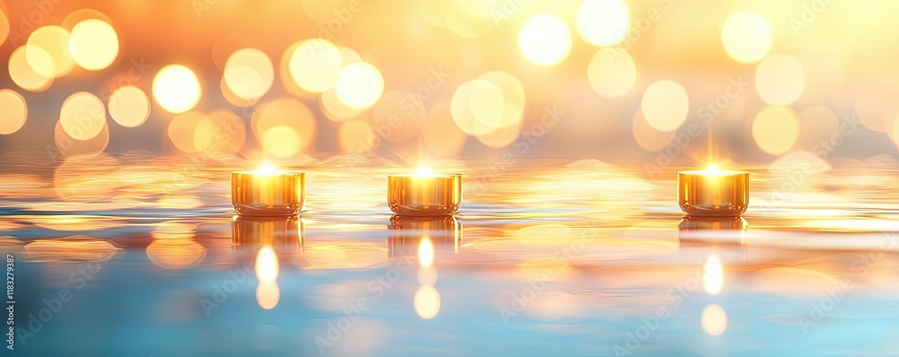 Poster gold abstract background concept. soothing candles float on water, creating a tranquil atmosphere wi