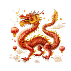 Fototapeta premium A vibrant red and gold Chinese dragon with a fierce expression, surrounded by clouds and lanterns.
