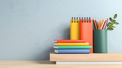 Fototapeta premium A well-arranged shelf featuring notebooks in various colours alongside pens and pencils. The soft lighting highlights the importance of preparation.