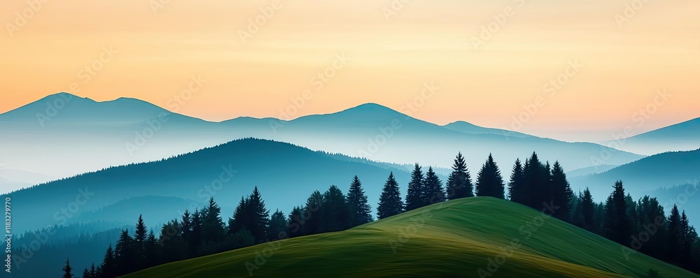 Aufkleber scenery abstract background idea. serene misty mountains with lush green hills and a tranquil sky at