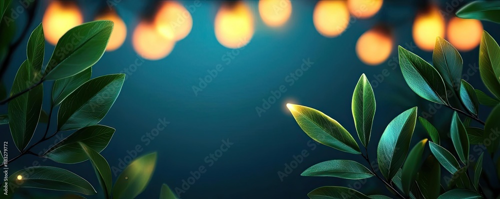Poster Scenery abstract background idea. A serene background with lush leaves and warm glowing lights for a calming atmosphere.