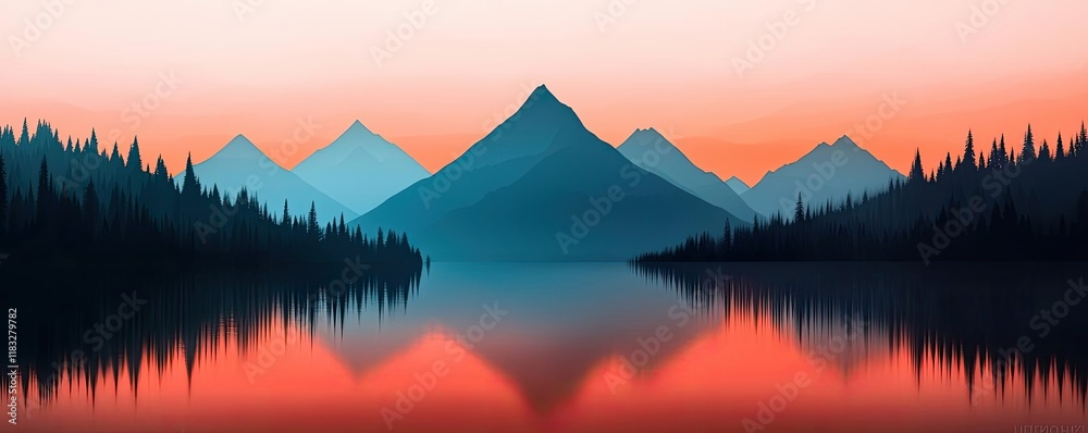 Poster scenery abstract background idea. serene mountain landscape reflecting on calm lake under a colorful