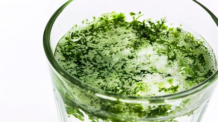 Close-up of a glass of water with a faint greenish tint, symbolizing arsenic contamination, on a plain white background with copy space. Environmental pollution and toxic substance danger concept.